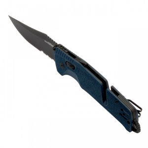 Cutit pliabil SOG Trident AT Uniform Blue Serrated 11-12-10-41, lama Clip Point CRYO D2 partial zimtata, deschidere asistata, AT-XR Lock, taietor de centura, spargator geam, maner GRN Uniform Blue - Img 2