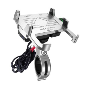 Suport telefon moto cu incarcator Quick Charge 3.0 R10-metal - cu intrerupator - Argintiu