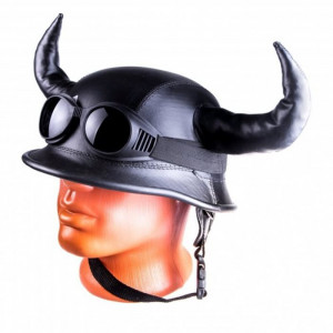 Casca Moto "Viking" cu Coarne, imbracata in piele ecologica, cu ochelari - Img 2