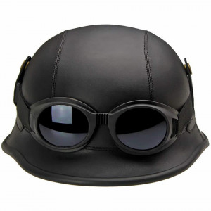 Casca Moto WW2, imbracata in piele ecologica, cu ochelari - Img 2