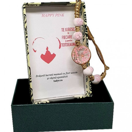 Bratara handmade cu floare naturala roz, in cutiuta cu mesaj