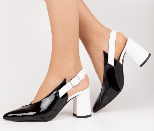 Sandale elegante dama piele naturala E-2114 negru-alb lac