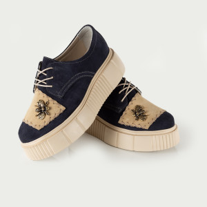 Pantofi Dama Casual Piele Naturala 1242-45 Albastru Bej - Img 3