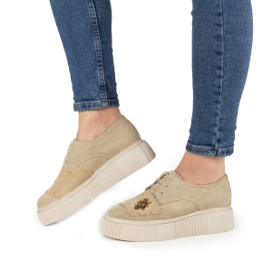 Pantofi Dama Casual Piele Naturala 1242-45 Bej Velur - Img 2