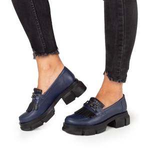 Pantofi Dama Casual Piele Naturala 1263 Albastru Negru cu lant - Img 3