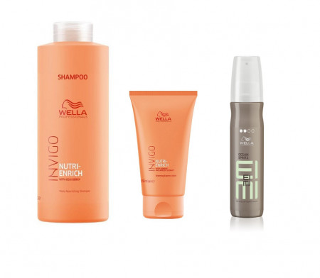 Wella Professionals Pachet Invigo Nutri-Enrich Sampon 1000 ml + Invigo Nutri-Enrich Warming Express Masca nutritiva cu efect de incalzire 150 ml + Eimi Ocean Spritz spray cu sare pentru texturare 150 ml