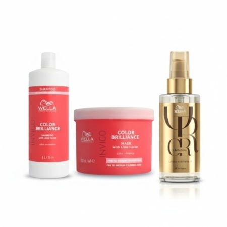 Wella Professionals Pachet Invigo Color Brilliance sampon par vopsit cu structura fina normala 1000 ml + Wella Professionals Invigo Color Brilliance masca tratament par vopsit cu structura fina normala 500 ml + Oil Reflections ulei pentru par 100 ml