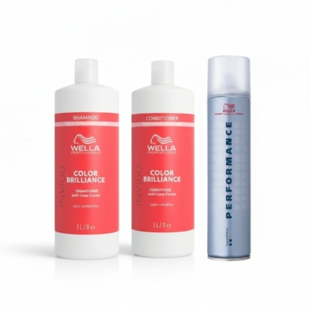 Wella Professionals Pachet Invigo Color Brilliance sampon par vopsit cu structura fina normala 1000 ml + Wella Professionals Invigo Color Brilliance Balsam par vopsit cu structura fina normala 1000 ml + Wella Professionals Performance fixativ