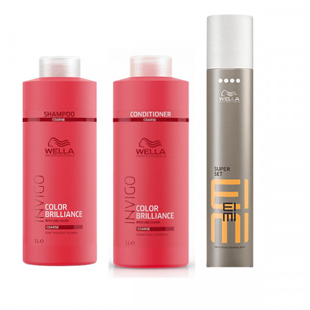 Wella Professionals Pachet Invigo Color Brilliance sampon par vopsit cu structura aspra 1000 ml + Invigo Brilliance balsam pentru par vopsit cu structura puternica 1000 ml + Wella Eimi Super Set fixativ cu fixare foarte puternica 500 ml