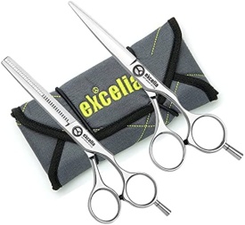 Kasho: Set profesional de foarfeci offset Excelia: tuns 5.5 inci + filat 6 inci 38 dinti + port
