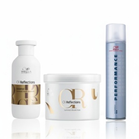 Wella Professionals Pachet Oil Reflections sampon pentru luminozitate 250 ml + Oil Reflections masca pentru luminozitate 500 ml + Performance fixativ cu fixare foarte puternica 500 ml