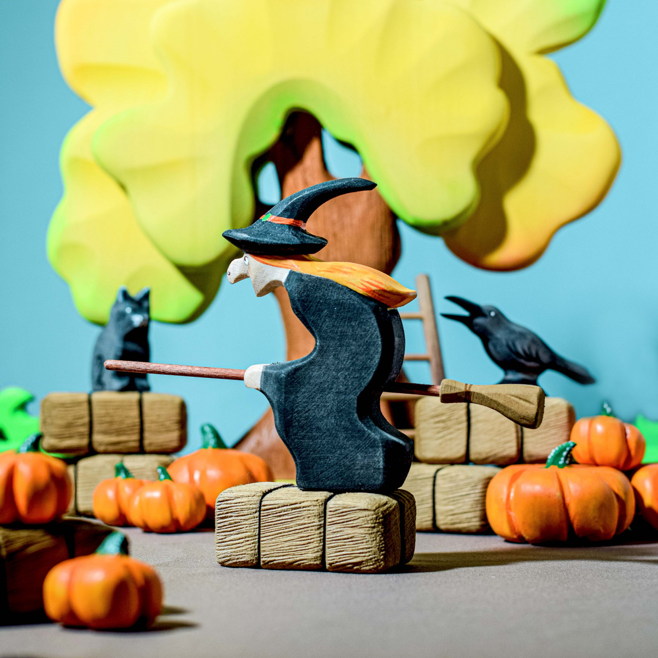 Wooden Witch Figurine with Broom - BumbuToys' Magical Creation