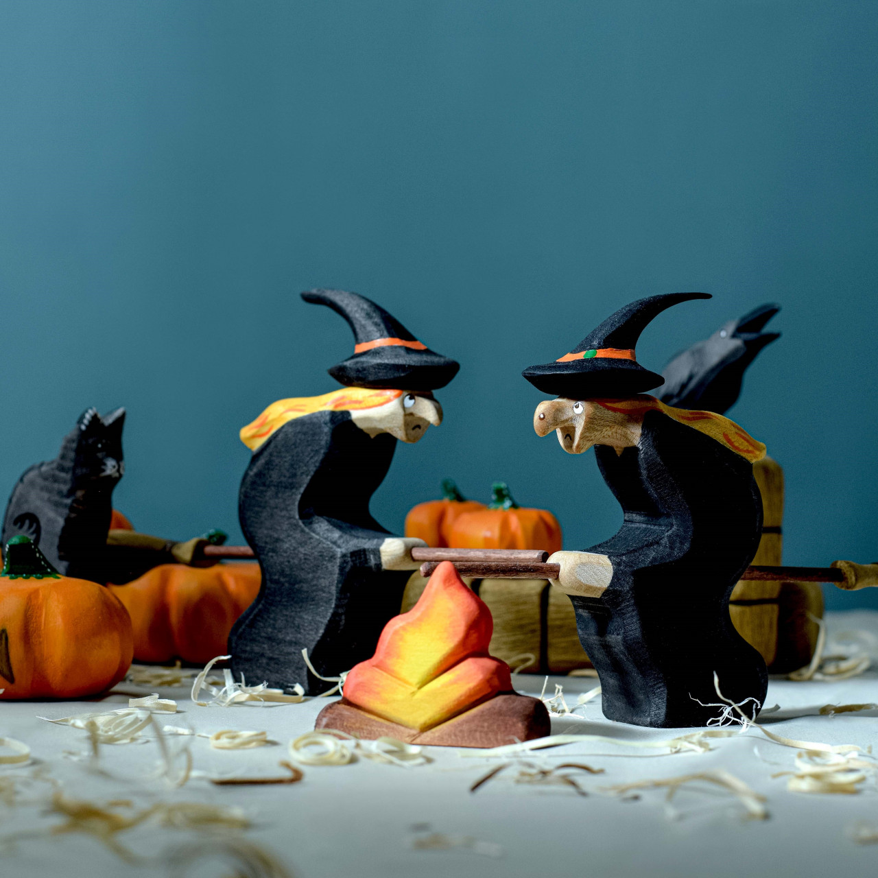 Wooden Witch Figurine with Broom - BumbuToys' Magical Creation