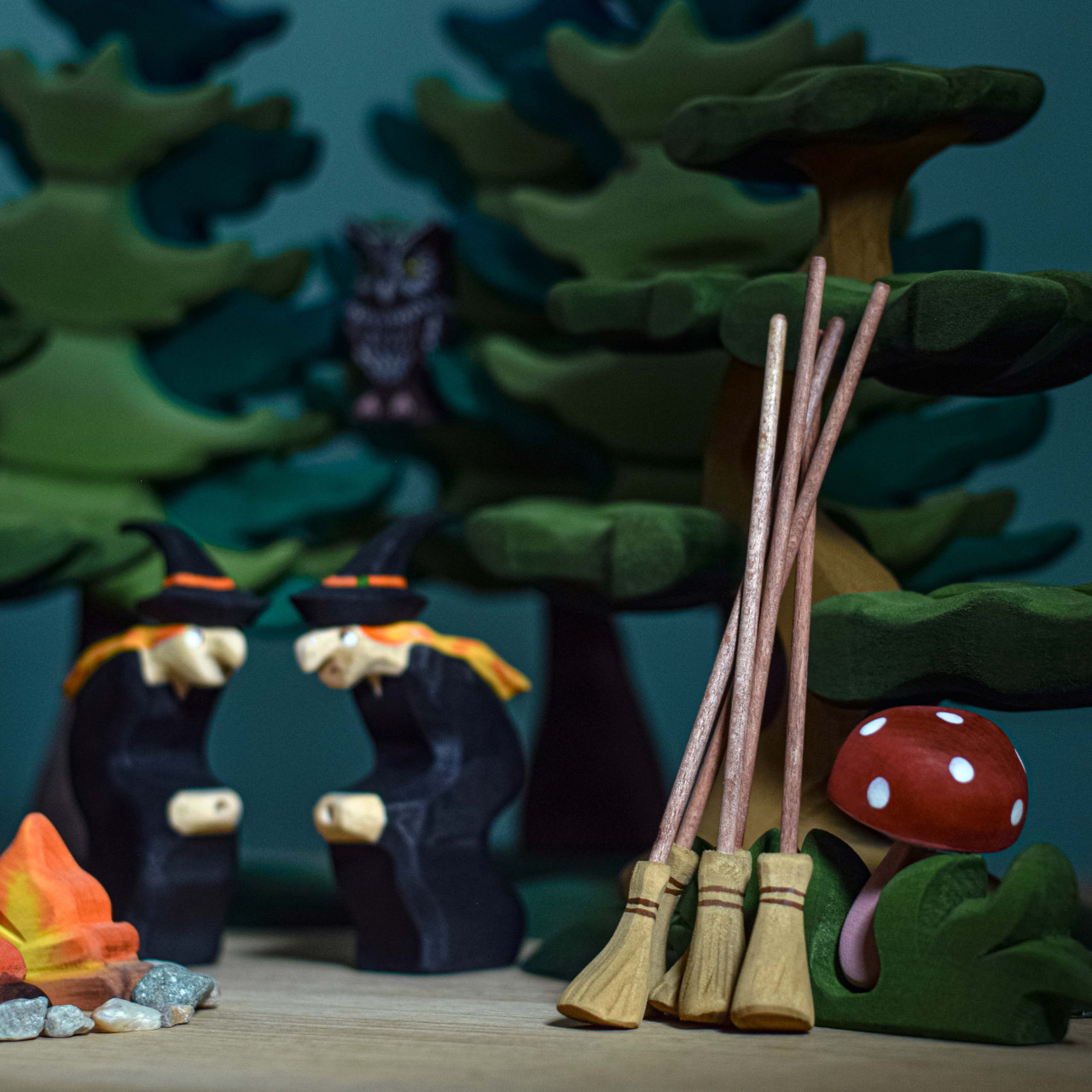 Wooden Witch Figurine with Broom - BumbuToys' Magical Creation