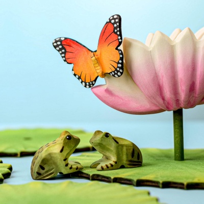 Butterfly and frogs around a pink flower