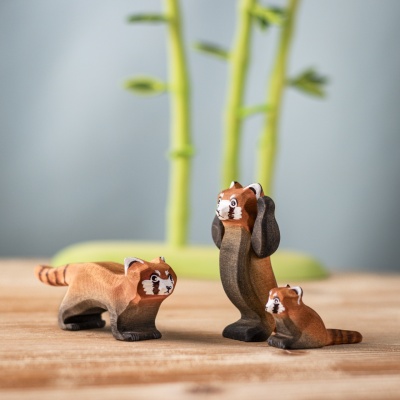 Red panda cub with red panda and playful red panda figures