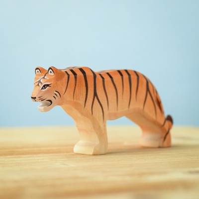 Handcrafted wooden standing tiger toy by BumbuToys