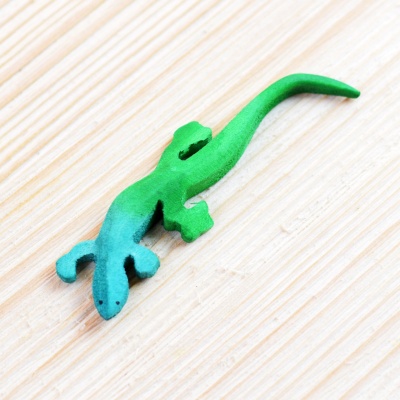 Bright green and blue wooden Lizard toy by BumbuToys for creative nature play