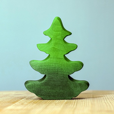 Close-up of the wooden tree, highlighting the natural wood grain and variations in the hand-applied stain.