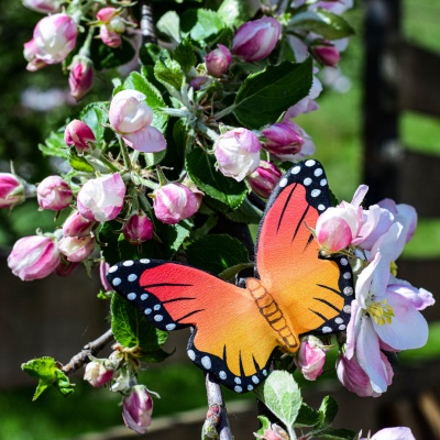 Wooden butterfly toy among pink blossoms