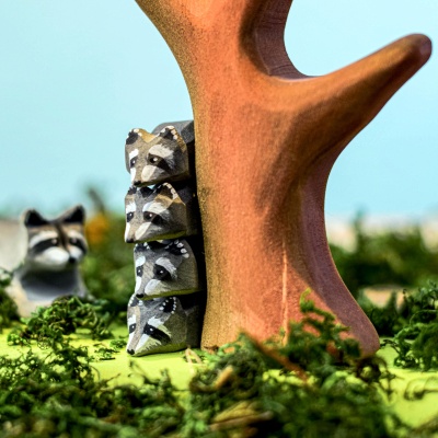 Raccoon cubs in a nature-themed play setup
