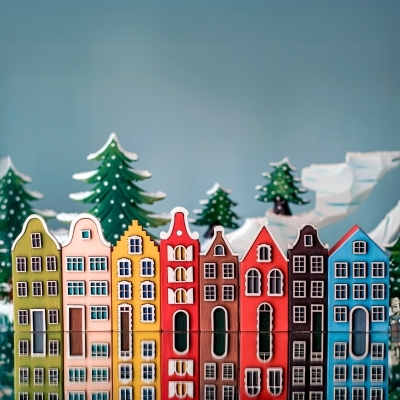 Festive wooden houses displayed with snowy trees and winter scenery.