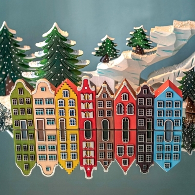 Reflection of colorful European wooden houses in a winter landscape scene.