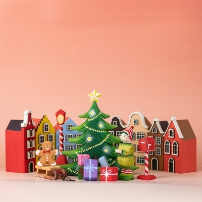 Festive Christmas scene featuring Amsterdam House with tree and gifts.