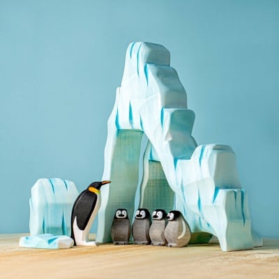 Handcrafted Icy Cliff and Penguin Family wooden set by BumbuToys, perfect for creative play.