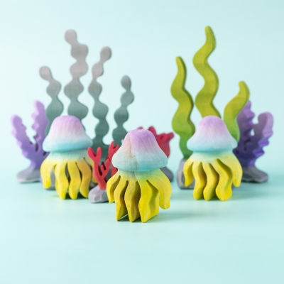  Group of colourful wooden jellyfish in an underwater-themed setup