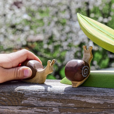 Two wooden snails on a wooden surface
