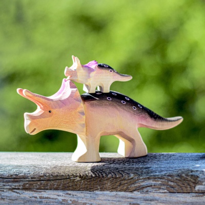 Wooden Triceratops Set on a wooden surface