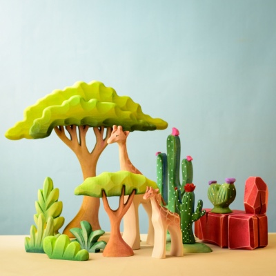 Group of wooden toys including the Small Acacia Tree.