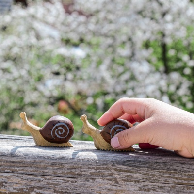 Two wooden snails on a wooden surface with a green background
