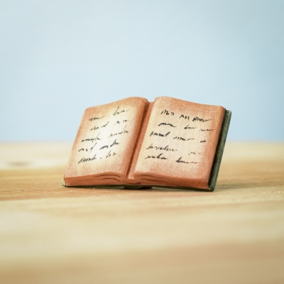 Handcrafted wooden open spellbook toy with magical writings on the pages.