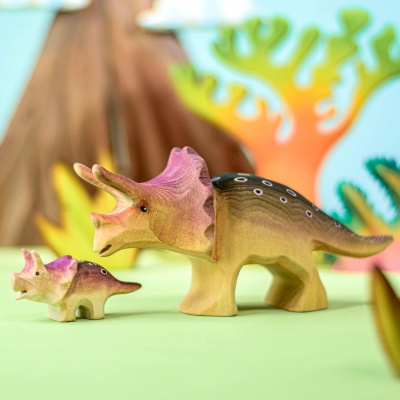 Handcrafted wooden Triceratops adult and baby figurines