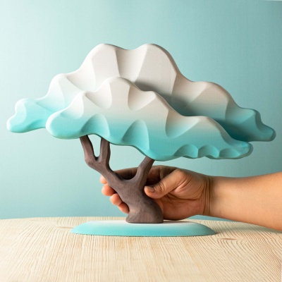 "Japanese Winter Maple Blue" wooden sculpture by Bumbu Toys, symbolizing winter's calm.