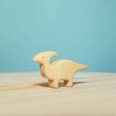 Handcrafted wooden Parasaurolophus dinosaur with a detailed, curved crest.