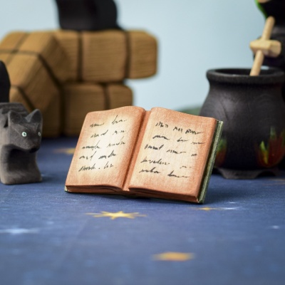 Open spellbook in a Halloween-themed scene with other wooden toys.