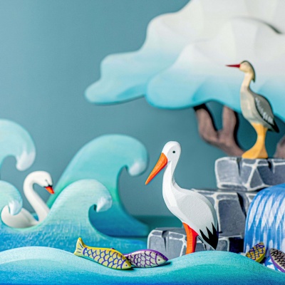 White Stork Standing toy amongst other wild animals from the BumbuToys collection.