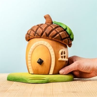 Child reaching for wooden bunny toys next to a fairy acorn house