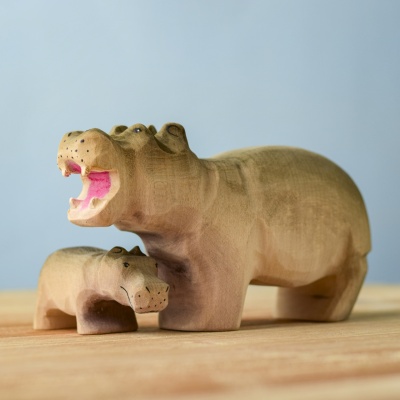 Handcrafted wooden hippo toy by Bumbu Toys.