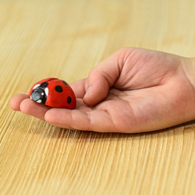 Child's hand gently holding a wooden ladybug toy, illustrating the toy's size and interactive potential for play.