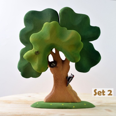 The Large Oak Green with Woodpecker and Nest by BumbuToys, a vibrant depiction of woodland biodiversity.
