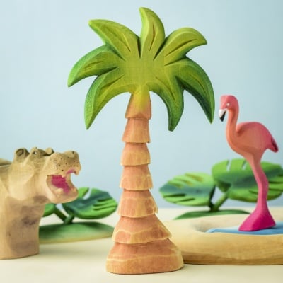 Wooden palm tree toy in imaginative play setup