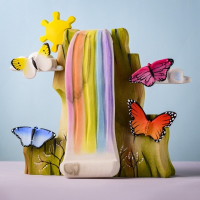 Yellow butterfly in a rainbow waterfall display scene with pink and blue butterflies.