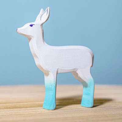 Eco-friendly wooden deer with white and blue accents