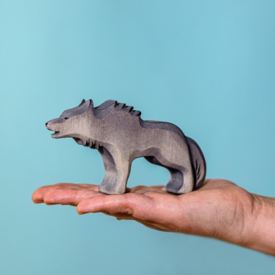 Close-up of Wolf Angry toy, highlighting detailed, artisan craftsmanship