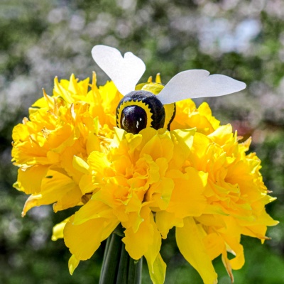 Bumblebee toy resting on a green leaf