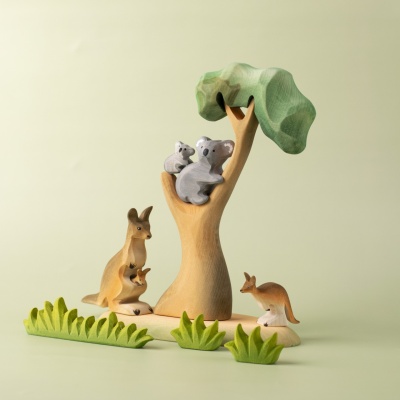 Eucalyptus tree in an Australian-themed play scene with koalas and kangaroos.